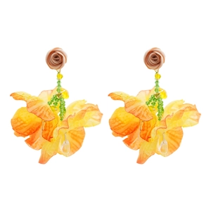 Handmade fabric flower tassel earrings with orange petals and pink rose studs for beach vacations