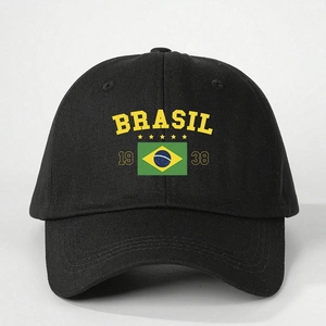 Adjustable black Brasil baseball cap with yellow text and flag for outdoor sun protection