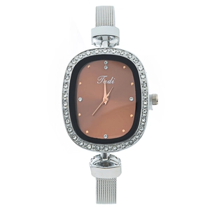 Fashionable oval women's watch with rhinestone bezel and silver mesh stainless steel strap