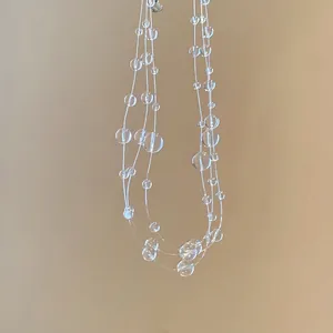 Three-layer irregular crystal beaded necklace with transparent water-drop effect