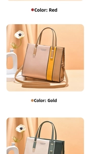 Detail view of large contrast tote bags in red and gold with adjustable straps