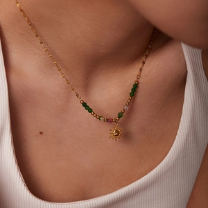 French retro 18K gold stainless steel sun pendant necklace with green gemstone beads