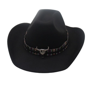 Classic black wool felt western cowboy hat with ethnic style bull head ornament band