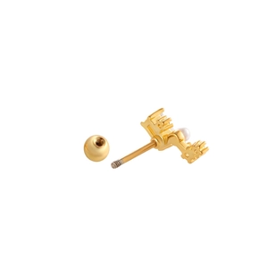 Gold star and moon stud earring with zircon and pearl accents on white background