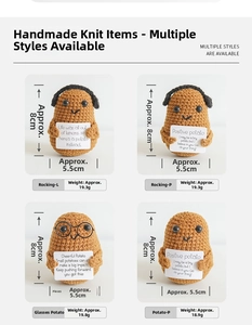 Detail view of four handmade crochet potato dolls with various outfits and dimensions