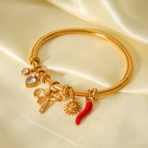 Detail of a gold-plated bangle featuring sun, bow, chili, and zircon charms on silk
