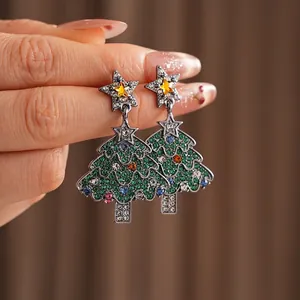 Elegant vintage star and Christmas tree drop earrings with colorful sparkling rhinestones