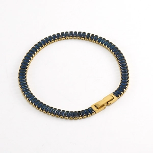 Polished gold stainless steel tennis bracelet with deep blue rectangular zircon stones