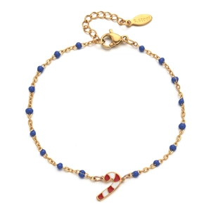 Detail of stainless steel gold chain with blue beads and candy cane pendant