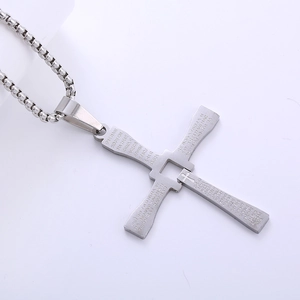 Silver stainless steel cross necklace with engraved religious scripture on box chain