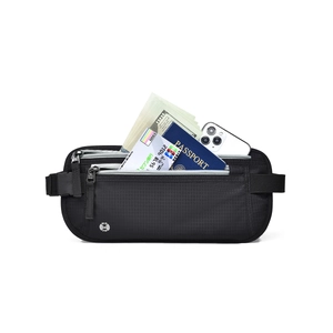 Black RFID blocking travel money belt with waterproof fabric for passports and cash