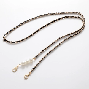 Crossbody black leather and gold chain strap with white pearls and lobster clasps