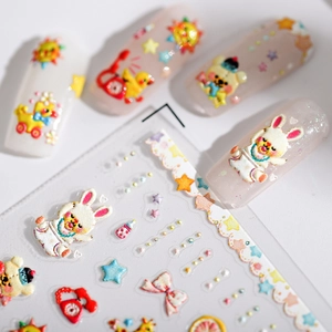 5D embossed nail art stickers with cute cartoon animals and stars on white background