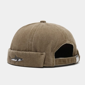British retro washed shark embroidery brimless dock hat in distressed khaki with metal buckle