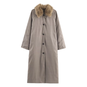 Women's long khaki plaid trench coat featuring a faux fur collar and single-breasted design