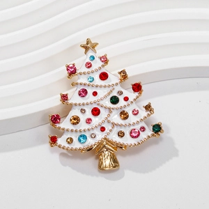 Elegant Christmas tree brooch with white enamel and colorful rhinestones on gold base