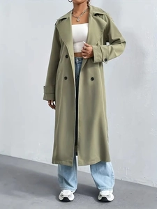 Women Trench Coat Polyester Double Breasted Lapel Long Sleeve Belted Solid Color Casual Commuter Outerwear