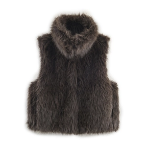 Deep brown faux fur vest with high collar and fluffy texture on a white background