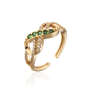 Macro shot of 18K gold plated infinity ring with green zircon and white crystal accents