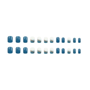 Short round press-on nail kit in foggy blue with gold foil and gradient designs