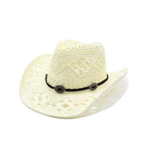 Detail of hollow woven straw cowboy hat with black decorative band and metal buckle