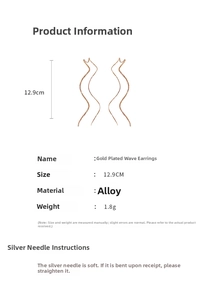 Detail showing 12.9cm gold plated wavy threader earrings with dimensions and weight info