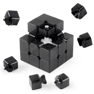Internal structure of a smooth 3x3 speed cube showing the central axis and spring screws