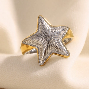 Starfish Open Ring Stainless Steel 18K Gold Plated Two Tone Textured Ocean Sea Theme Adjustable Jewelry For Women