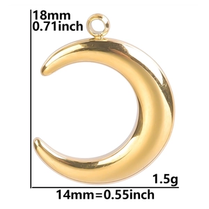 Polished gold crescent moon pendant detail with size measurements 18mm by 14mm