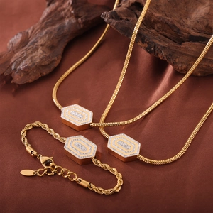 Elegante Collana E Bracciale Francese Con Ciondolo Esagonale In Strass Accessorio In Acciaio Inossidabile Placcato Oro Gioielli Per Donna