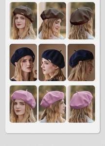 Detailed views of wool beret in dark coffee, navy blue, and light pink colors