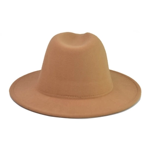 Elegant camel wide brim felt fedora hat with a stylish metal buckle leather belt decoration