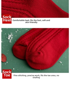 Gros plan du talon et de la pointe renforcés sur des chaussettes de Noël rouges en maille