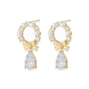 S925 silver needle gold bow earrings with pearls and teardrop zircon pendants