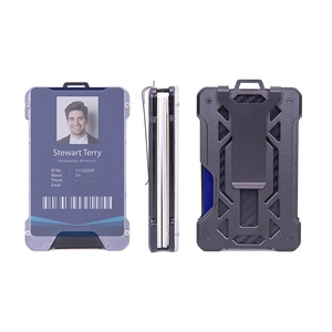 Tactical RFID metal card holder with carbon fiber detail and clear ID window for business