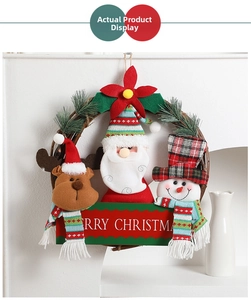 Detail of Christmas wreath with plush reindeer, Santa, and snowman on white wall