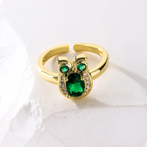Gold 18K plated owl open ring with large green zircon stone and crystal accents