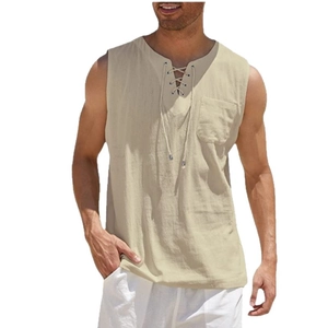 Men's casual cotton linen sleeveless shirt with lace-up V-neck and chest pocket in khaki