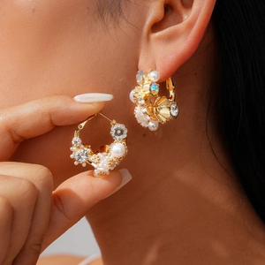 Flower Hoop Earrings Alloy Rhinestone Artificial Pearl Floral Leaf Vintage Golden With Silver Earring Post Elegant