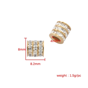 Detailed view of 8mm gold hollow cylinder beads with crystal rows and dimensions