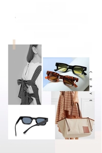 Detailed views of vintage small rectangular sunglasses with thick frames and tinted lenses