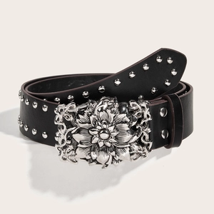 Punk style black leather belt with silver floral buckle and decorative metal rivets