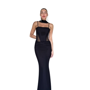 Sexy black bodycon dress with strap details and mesh patchwork fishtail hemline