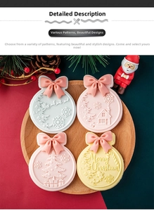 Macro view of Christmas fondant cookies with festive 3D bows and embossed holiday patterns