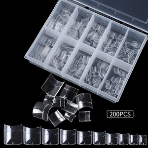 Detailed set of 200pcs transparent half-cover French nail tips in a 10-compartment storage box