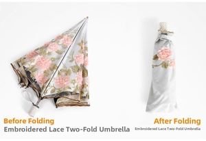 Close-up of pink 3D flower embroidery and lace border on a gray folding sun umbrella