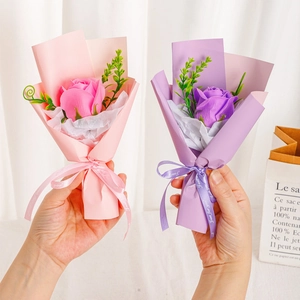Handheld pink and purple mini soap rose bouquets with Just for you ribbons for gifts