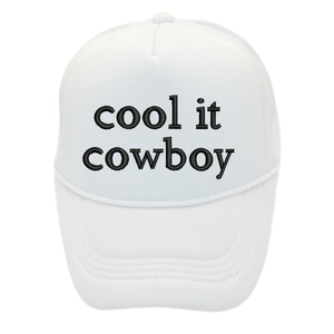 White trucker hat with black Cool It Cowboy embroidery and breathable mesh back