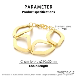 Detail of gold geometric hollow link bracelet in stainless steel with size and weight specs