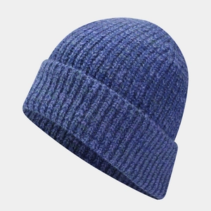 Close-up of rib-knit texture on blue and purple marled winter beanie with cuff detail